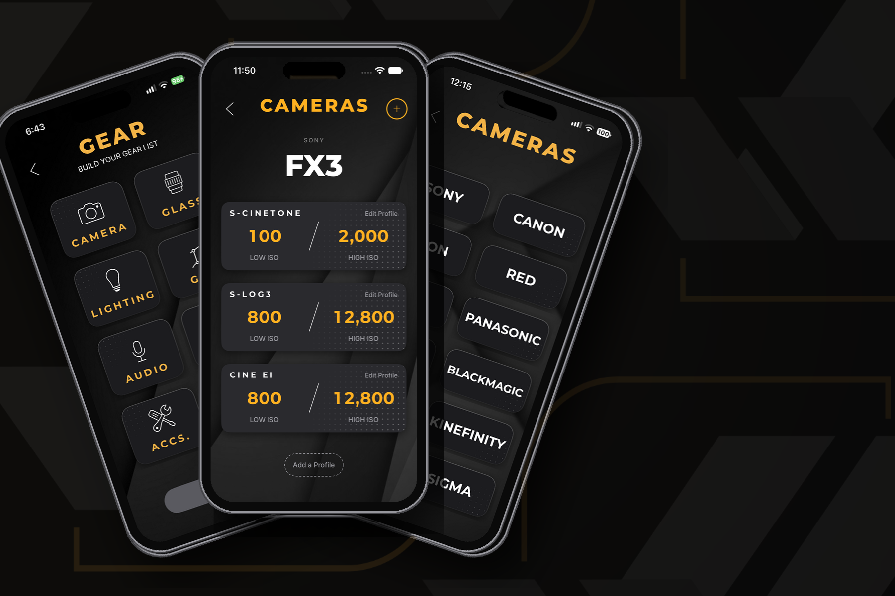 CHXLST app on iPhone: Gear, FX3 base ISOs, camera brands